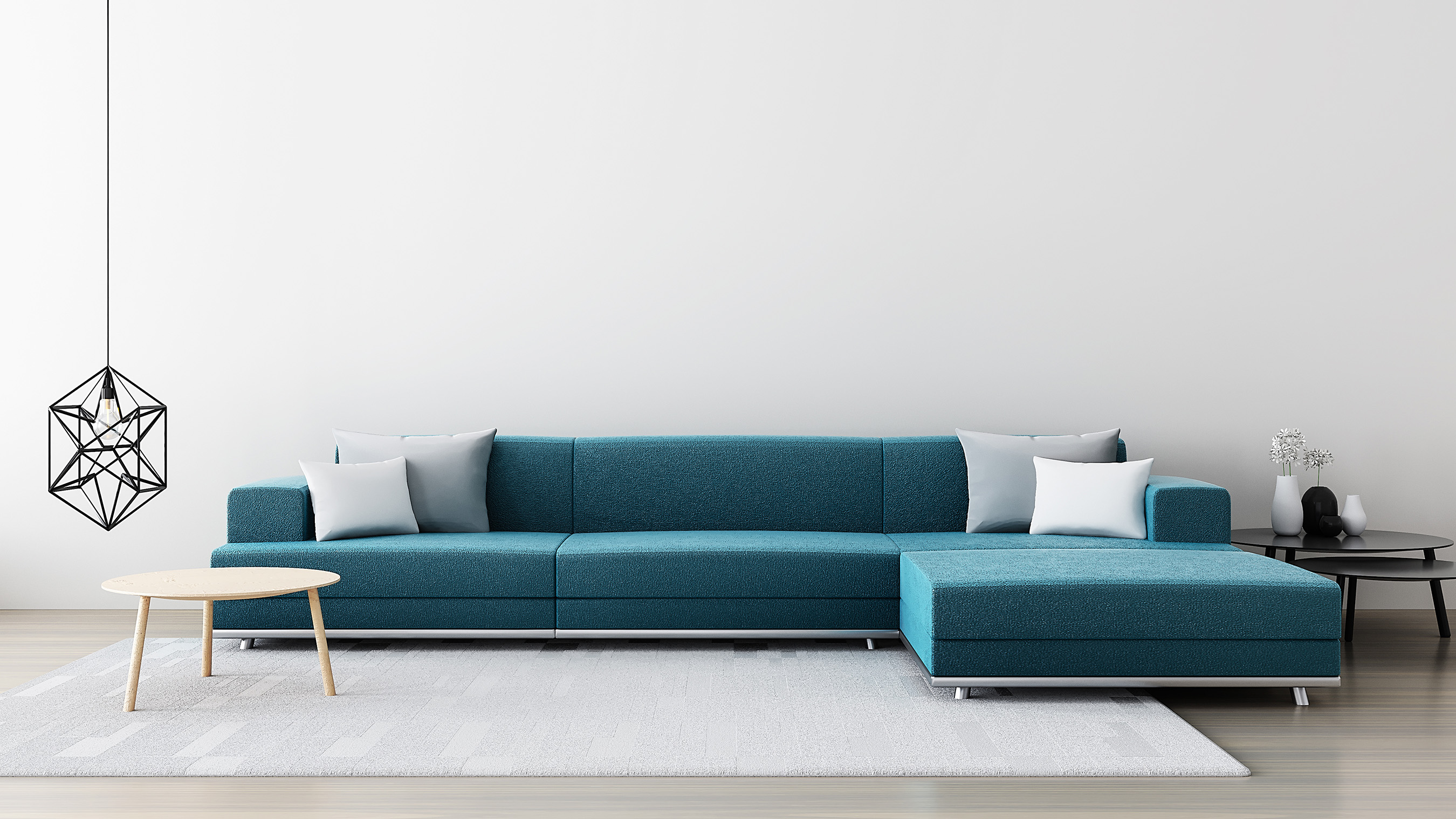 Green sofa in white room